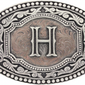 Western oval belt buckle with engraved two-tone H initial and scroll border
