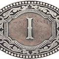 Western oval belt buckle with engraved two-tone I initial and scroll border