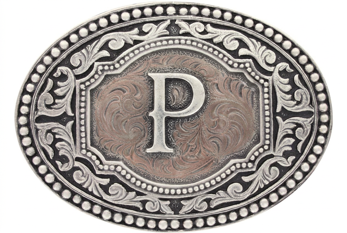 Western oval belt buckle with engraved two-tone J initial and scroll border