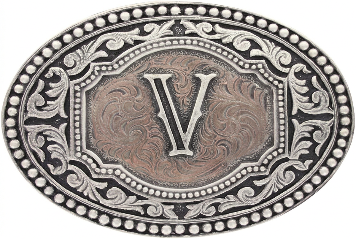 Western oval belt buckle with engraved two-tone V initial and scroll border