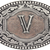 Western oval belt buckle with engraved two-tone V initial and scroll border