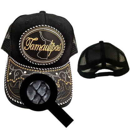 Black charro-style adjustable hat with Tamaulipas logo patch and embroidered snake-skin design