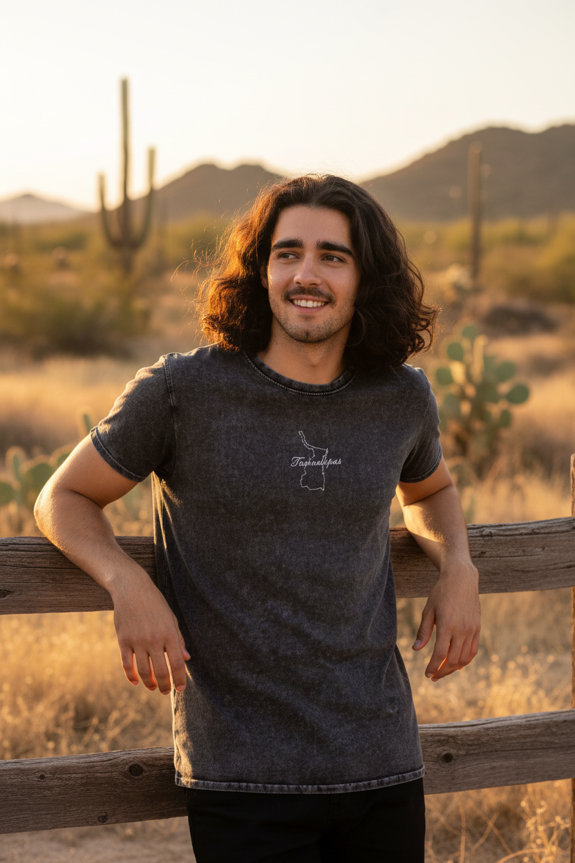 A person wearing a black denim t-shirt with the text 'tlaxcala' on the front.