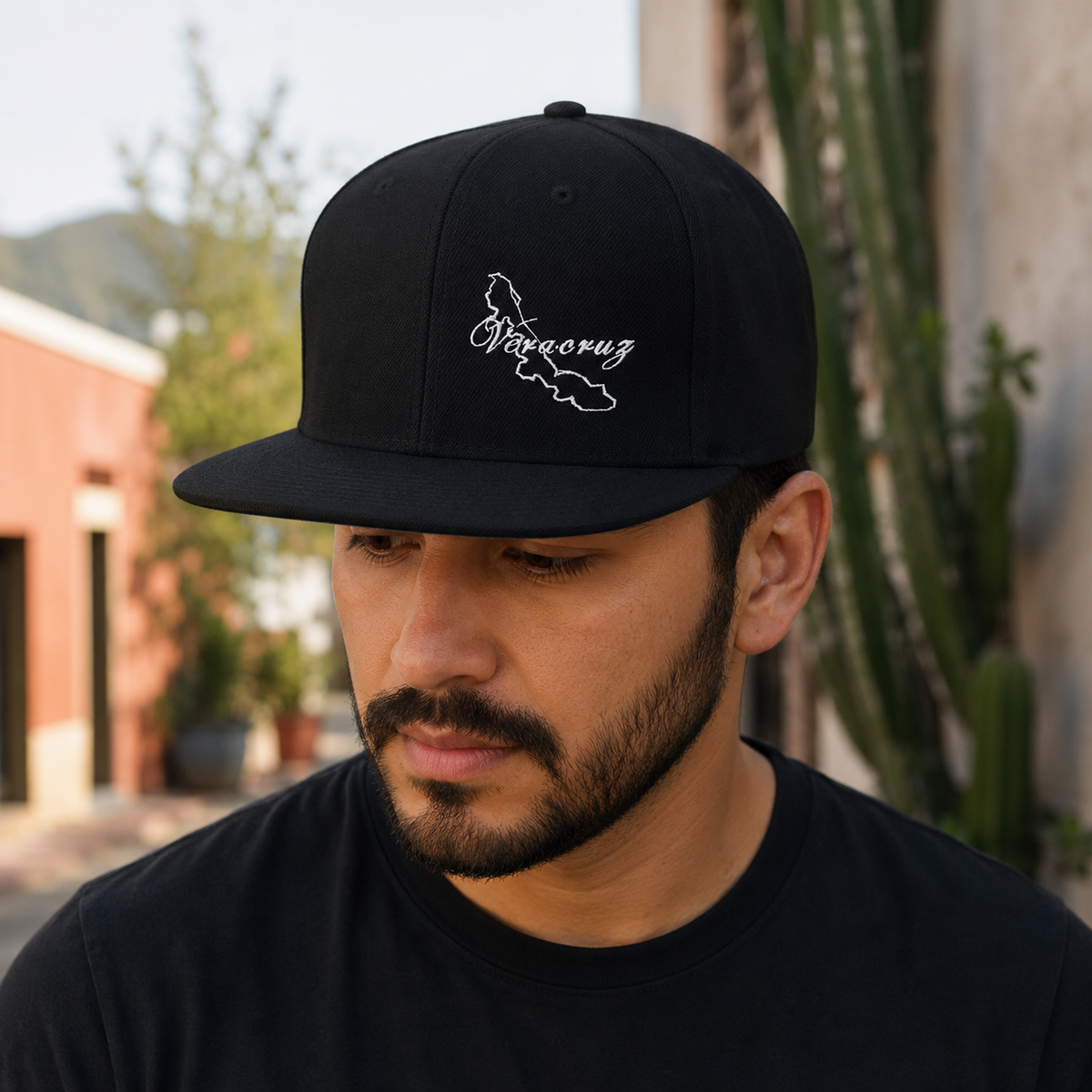 A man wearing a black baseball cap with a black embroidered outline of Veracruz and the word 'Veracruz' on the front, photographed outdoors against a softly blurred background.