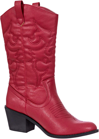 Women’s red western cowboy boot with embroidered flame-style details and stacked heel