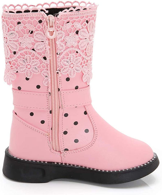 Pink girls’ waterproof winter boots with front zipper, lace shaft, bowknot accent, black sole