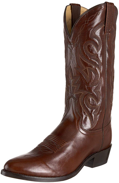 Mens tan/brown mid-calf western boots with round toe and carved-style swirl embroidery