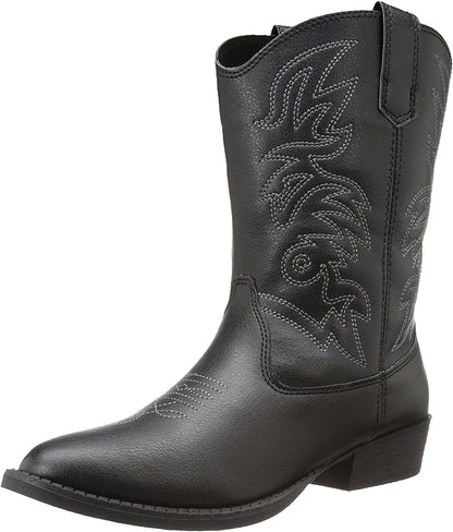 Children’s black ranch-style cowboy boots with stitched scroll pattern and pull-on tab