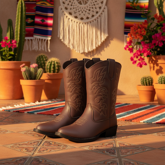 A pair of dark brown leather western cowboy boots with floral tooling on the shafts, displayed on a terracotta tiled floor in a warm, decorated patio setting with cacti and colorful textiles.