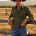 A man wearing an olive green long-sleeve button-up shirt, blue jeans, a brown belt, and a brown wide-brim hat, leaning against a wooden fence in a sunlit field.