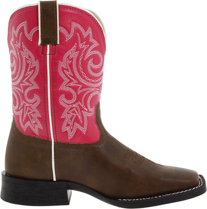 Kids cowboy boot with brown shaft, pink western embroidery, and dark heel