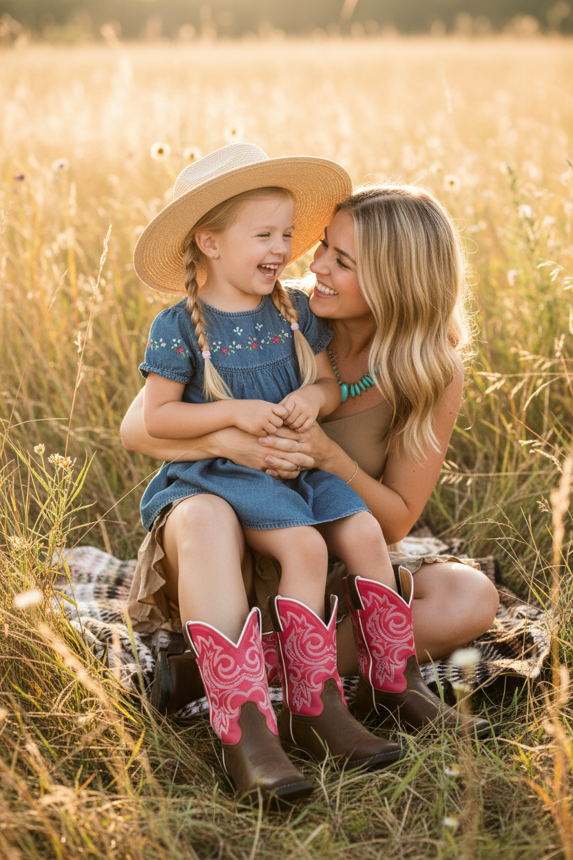 A woman and a young girl sitting together in a golden grassy field at sunset. The girl wears a straw cowboy hat, a blue dress with floral embroidery, and bright pink cowboy boots with white swirl patterns.