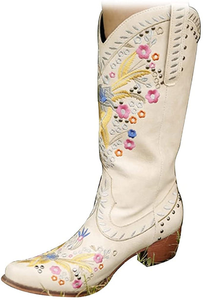 Women's mid-calf western cowgirl boots in cream with colorful floral embroidery and low heel