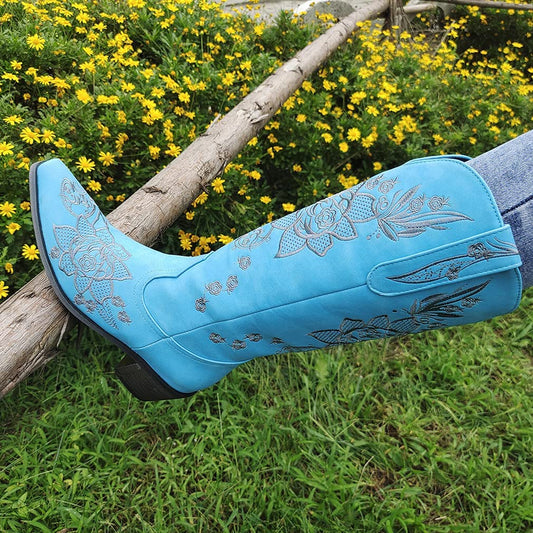 Women Embroidery Cowgirl Cowboy Boots Snip Toe Mid Calf Western Boots