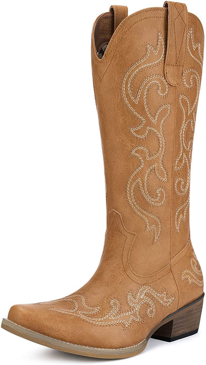 Brown women's cowboy boots with light embroidery swirl patterns on the shaft