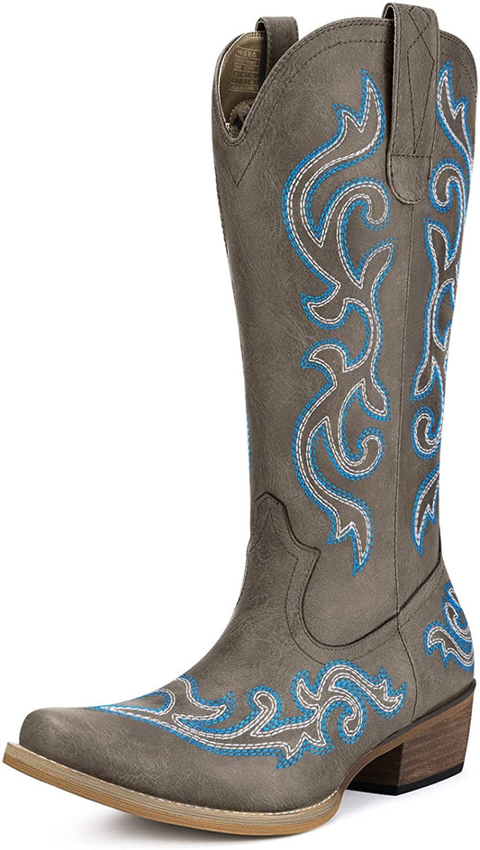 Gray women's cowboy boots with blue embroidery swirl patterns on the shaft