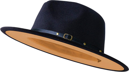 Two-tone felt fedora hat with wide brim, dark blue crown and camel band, gold buckle.