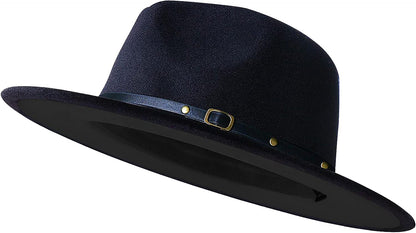 Two-tone felt fedora hat with wide brim, navy crown, dark band with buckle