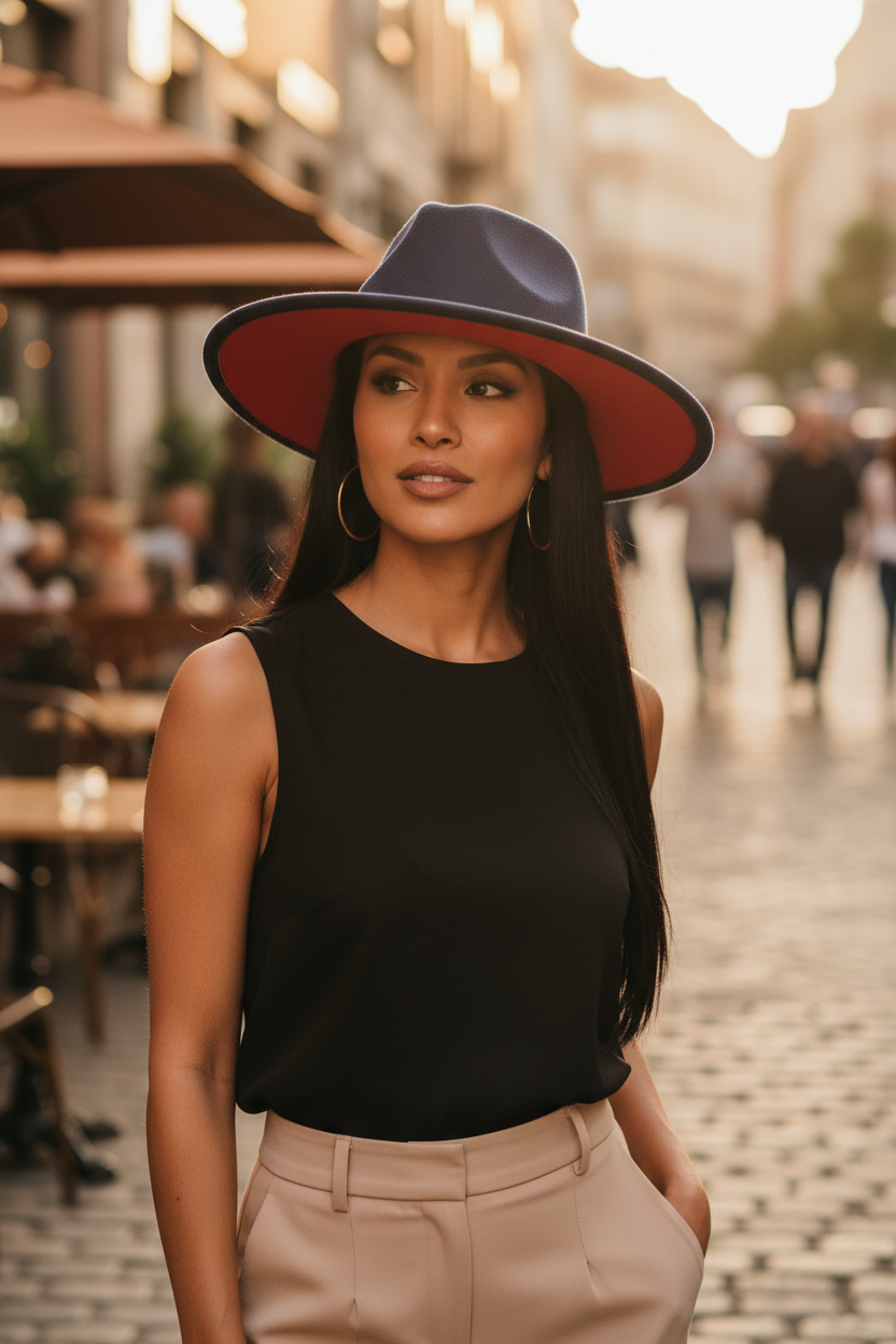 A woman wearing a black sleeveless top, beige trousers, and a wide-brimmed navy hat with a red underside stands on a cobblestone street in an outdoor urban setting.