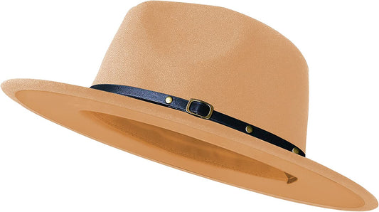 Wide Brim Two-Tone Fedora Hat – Unisex Felt Panama Dress Hat, Black & Camel, One Size