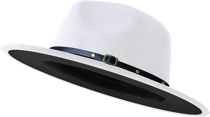 White felt fedora with wide brim, dark underbrim, blue band, and grommet accents.