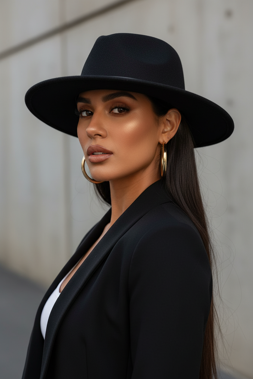 A woman wearing a black wide-brim fedora hat, black blazer, and gold hoop earrings, photographed against a neutral concrete wall.