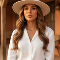 A bright green fedora hat with a belt buckle accessory.