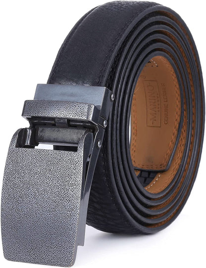Men's dark leather belt with silver-tone prong buckle and pebbled strap texture.