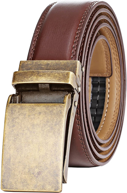 Men's dark brown leather belt with antique gold square buckle and layered stitching