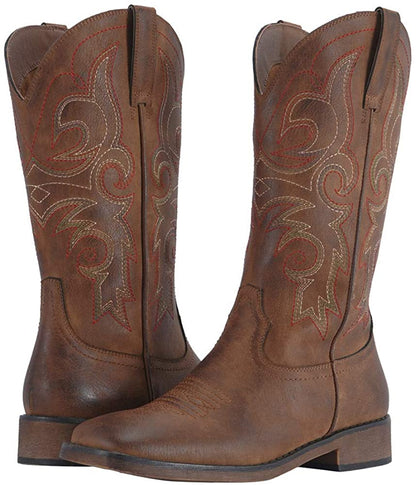 Shesole Women'S Fashion Western Cowgirl Cowboy Boots Wide Square Toe Mid Calf , Brown, 6, Brown, 6