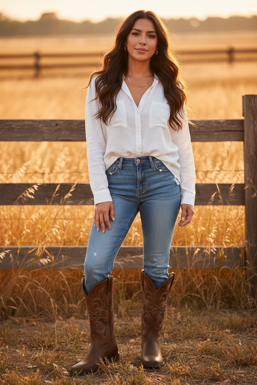 A woman stands outdoors in a sunlit field in front of a wooden fence, wearing a white long-sleeve button-up shirt, blue jeans, and brown cowboy boots.