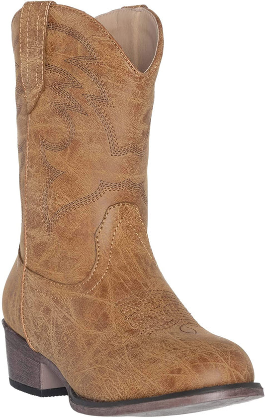 Kids western cowboy boot, tan/brown leather look with decorative stitched swirls and pull tab