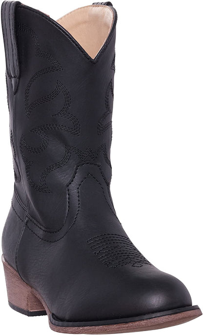 Kids western cowboy boot, black leather look with subtle embossed swirl designs and pull tab