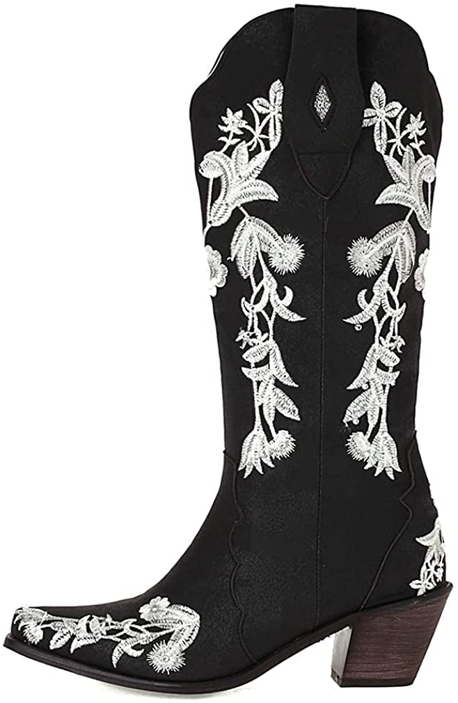 SO SIMPOK Women's Retro Western Cowboy Boots Butterflies Embroidered Mid Calf Chunky Heel Boots