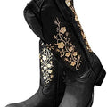 SO SIMPOK Women's Retro Western Cowboy Boots Butterflies Embroidered Mid Calf Chunky Heel Boots