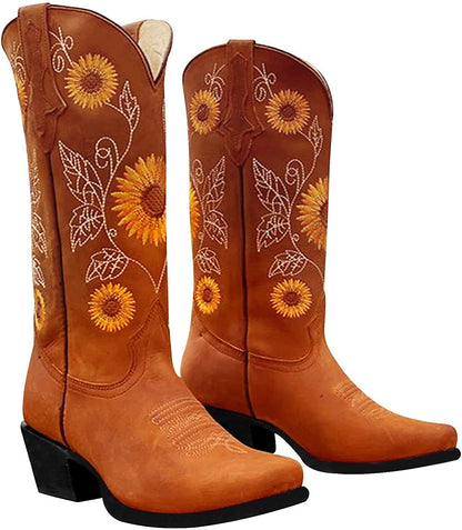 Simpok Women'S Retro Western Cowboy Boots Butterflies Embroidered Mid Calf Chunky Heel Boots , Brown, 5.5