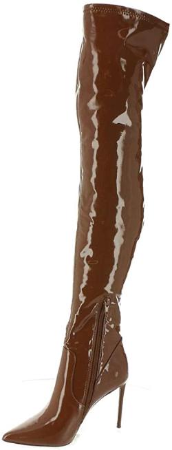 Brown patent fashion boot with tall shaft, pointed toe, and stiletto heel.