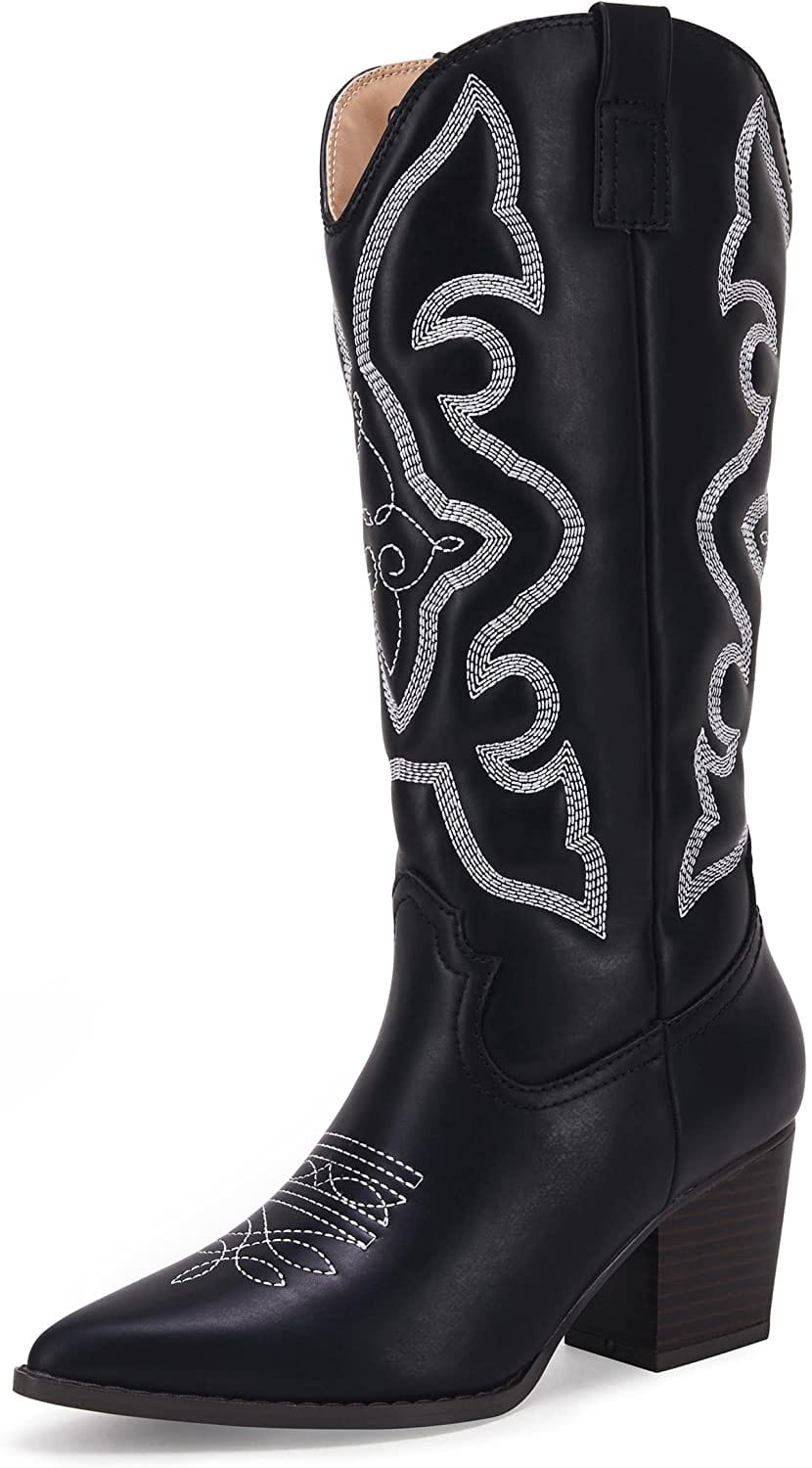 Women's embroidered pointed toe western medieval retro cowboy boots by vetaste