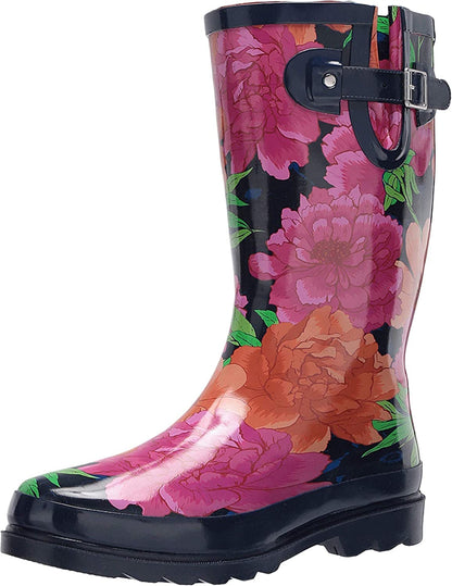 Tall waterproof rain boots with colorful floral print, black top, and side buckle strap.