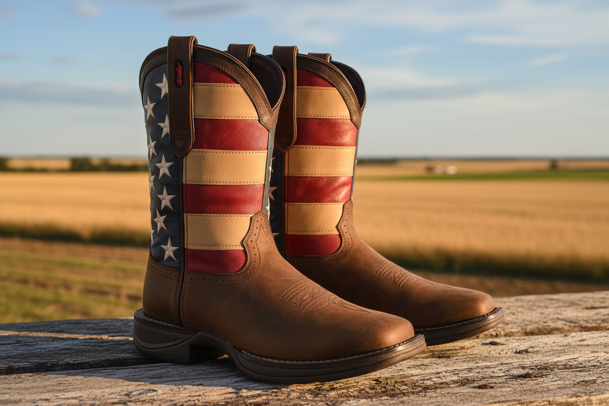 A pair of men's square toe western boots with a patriotic brown and multicolor print on the upper, featuring a low heel and a slip-on design.
