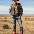 A man wearing a brown cowboy hat, brown leather vest, plaid shirt, blue jeans, and brown boots with red and yellow striped cuffs stands in a dry grass field under a blue sky.