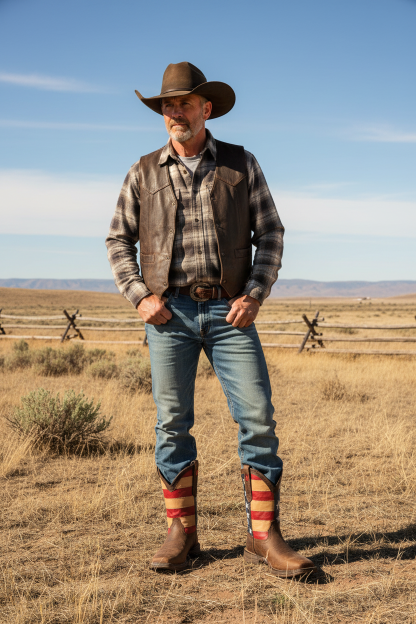 A man wearing a brown cowboy hat, brown leather vest, plaid shirt, blue jeans, and brown boots with red and yellow striped cuffs stands in a dry grass field under a blue sky.