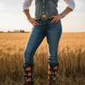 A woman standing in a wheat field at sunset wearing a white button-up shirt, a blue denim vest with silver embroidery, blue jeans, and dark brown cowboy boots with an American flag print on the shafts.