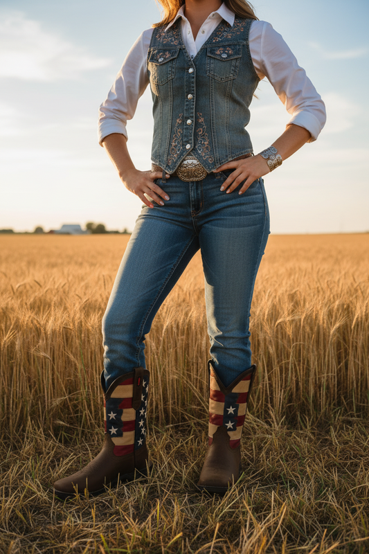 A woman standing in a wheat field at sunset wearing a white button-up shirt, a blue denim vest with silver embroidery, blue jeans, and dark brown cowboy boots with an American flag print on the shafts.