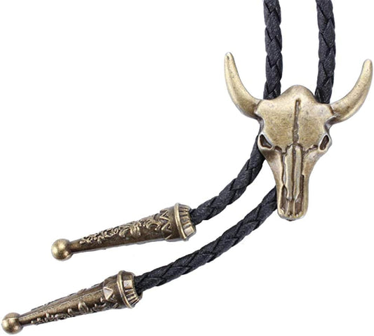 Antique silver cow skull bolo tie with black braided cord and metallic end tips