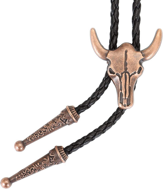 Western Vintage Cow Skull Bolo Tie for Men | Black Leather Cowboy Necktie Necklace