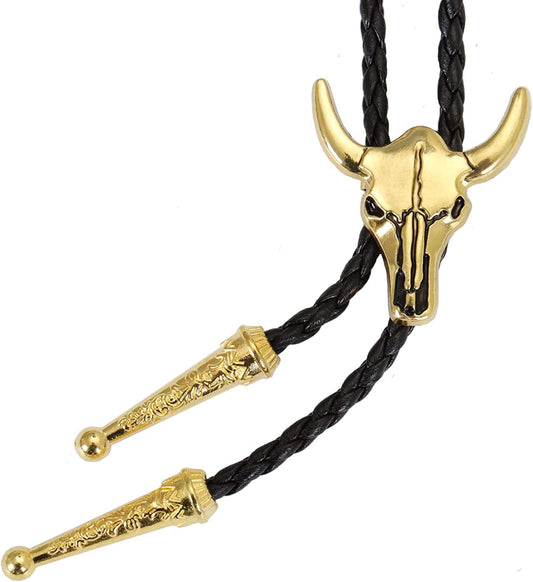 Western Vintage Cow Skull Bolo Tie for Men | Black Leather Cowboy Necktie Necklace