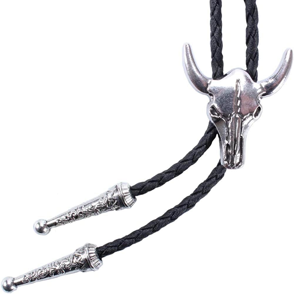 Corbata bolo vintage occidental para hombre: corbata de vaquero con diseño de calavera de vaca, collar de corbata bolo de cuero negro 