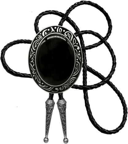 Natural stone bolo tie with oval dark cabochon and black braided cords