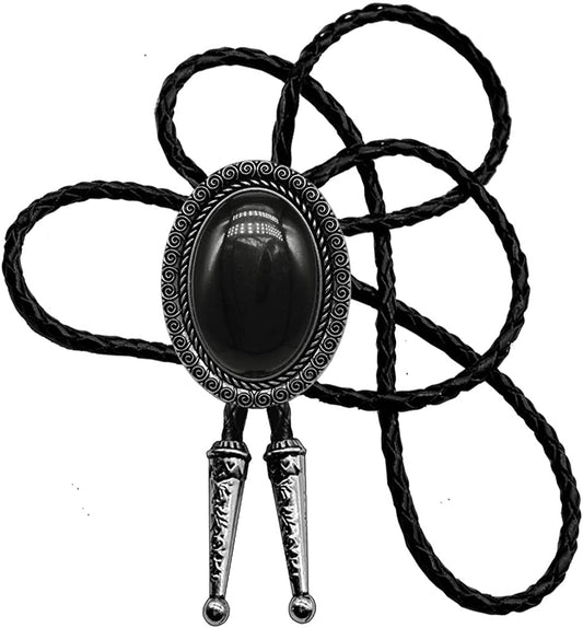 Celtic bolo tie with oval black stone bezel and black braided leather rope, silver tips.